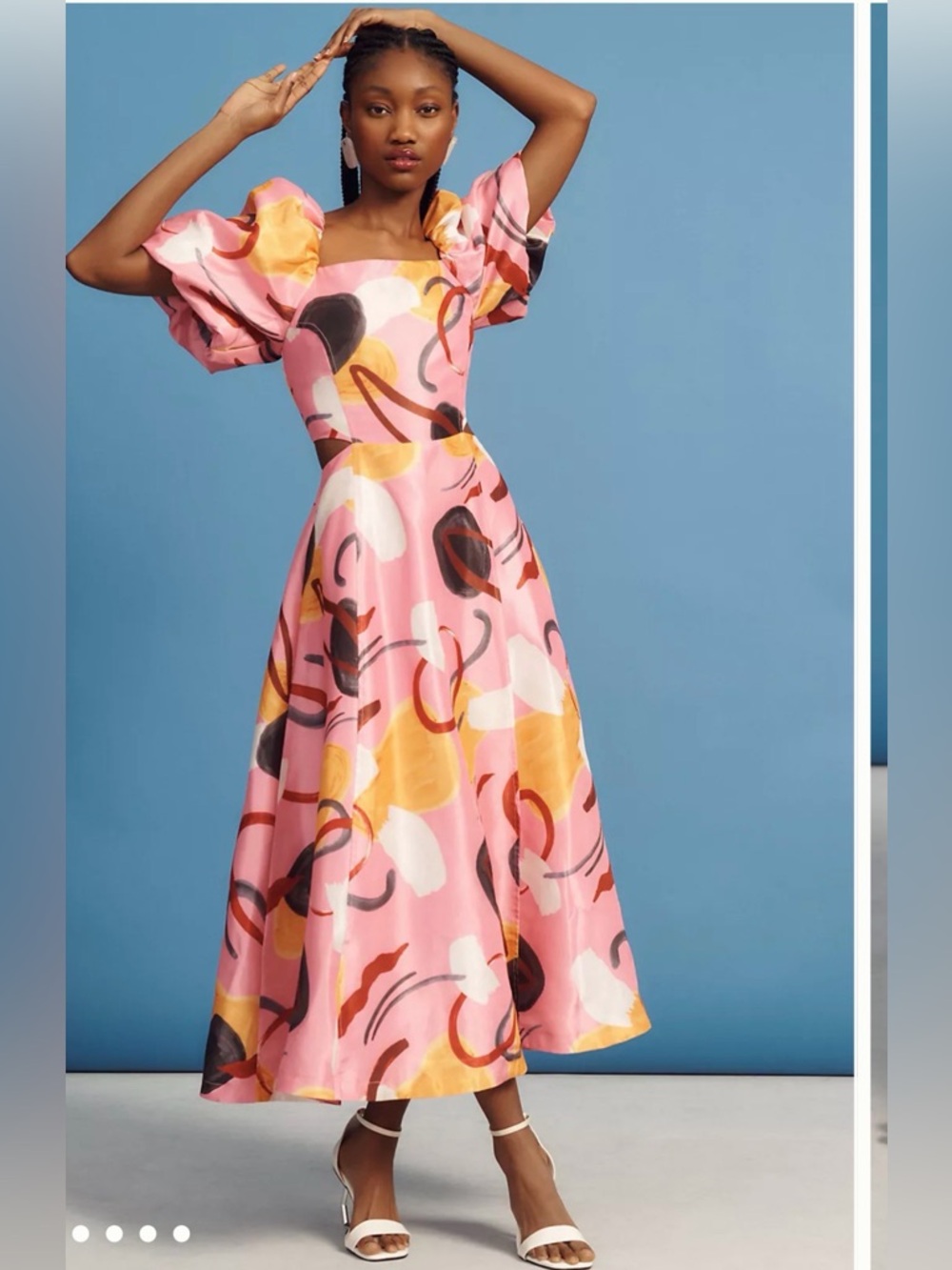 Anthropologie Aureta Printed Linen Puff-Sleeve Cutout Dress ~ L